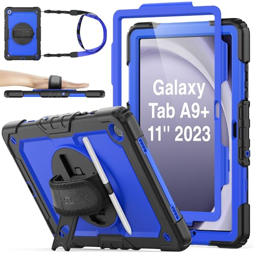 SEYMAC stock for Samsung Galaxy Tab A9 Plus Case 11 Inch 2023, Heavy Duty Shockproof Cover with Screen Protector, 360° Rotating Stand/Hand Strap & Pen Holder for Samsung A9+ Plus Tablet Case, Blue