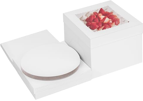Winter Shore Cajas para Tartas con Bandeja (Pack de 10) - Caja Cartón Desechable Blanca con Ventana para Repostería - Cartón de 350 G/M² - Bandeja de 25,3 cm, Caja de 25,4 x 25,4 x 20,3 cm