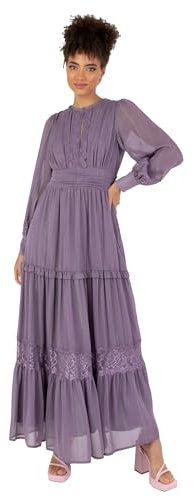 Anaya with Love Women's Maxi Dress Ladies Long Sleeves Round Neck Keyhole Lace High Waist Empire A-line for Wedding Guest Evening, Dusty Lavender, 14