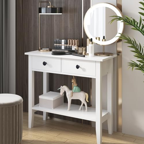 SogesHome Kosole Table console classique avec tiroirs et étagère ouverte pour le rangement Blanc, NT-W-2