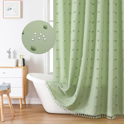 LiyCat Tenda da doccia in tessuto verde salvia stile boho, 182 x 183 cm, plissettata con motivo floreale, nappa, graziosa tenda da doccia rustica per bagno, tenda da doccia shabby chic impermeabile
