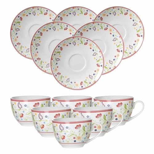 Ritzenhoff & Breker Shanti Kaffeetassen mit Untertassen 6er Set, 220 ml, Kaffeeobertassen und Kaffeeuntertassen mit floralem Blumen-Dekor, Porzellan, Bunt