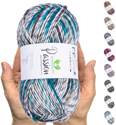 MeriWoolArt® Merino Wolle zum Stricken – 200 m Mehrfarbige Dicke Merinowolle – Weiche Wolle zum Häkeln und Armstricken für Pullover, Schals, Decken, Tücher, DIY Strickprojekte