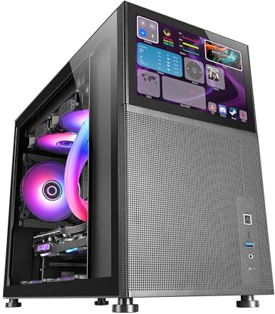 Mars Gaming MC-LCD, Kompaktes Micro-ATX PC-Gehäuse, 8' IPS LCD-Display, Seitliches, Oberes und Vorderes Mesh-Gitter, Seitenfenster Gehärtetem Glas, Mini-Tower Gaming Modularem Panel-Design, Schwarz
