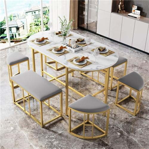Ntxplora Modernes Und Stilvolles Luxus-Esstischset Mit Einem Esstisch Und Sechs Stühlen, Elegant Und Geeignet Für Den Einsatz Im Esszimmer Oder In Der Küche.(Color:Gold)