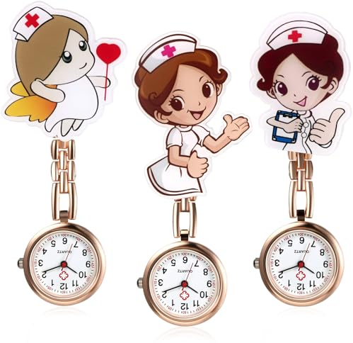 Krankenschwester Uhren: 3 STK Tragbar Quarzuhr Krankenschwesteruhr Mit Clip, Krankenschwester Muster Schwesternuhr Taschenuhr Pulsuhr Krankenschwester, Taschenuhr für Doktor Pfleger Krankenschwester
