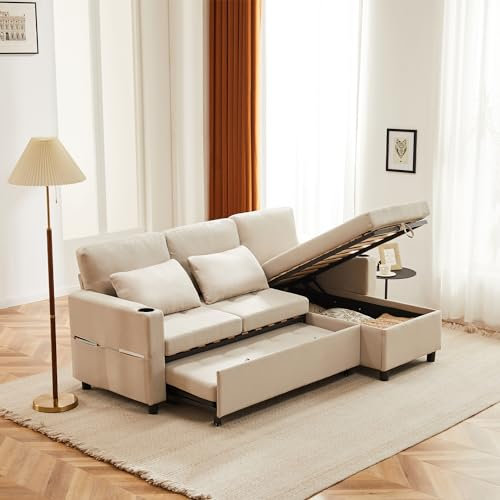 ModernLuxe Corner Sofa Bed with Storage, 3 Seater Sofas with Cup Holders and Magazine Pockets, Pull out Sofa Bed for 2 Sleepers, Iron Frame, Generous Padding, L Shaped Sofa for Living Room, Beige