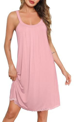 Lovasy Nuisette Sexy Femme en Dentelle Babydoll Lingerie sans Manches Chemise de Nuit Court à Bretelles Larges Robe de Nuit Plissée à Col Rond B Rose M