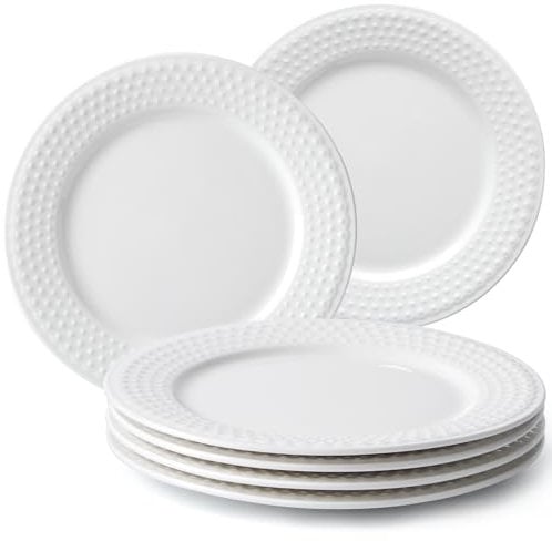 NUTRIUPS Ceramic Dinner Plates Set of 6, 20cm White Embossed Ceramic Dinner Plates for Every Meal, Casual Dining