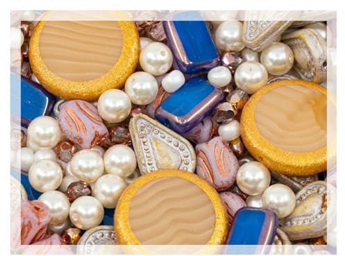 2.1oz (60g) of Glass Bead Mix with Pearls, Filigree Teardrops and Fresca Czech Beads, Beige Star Light