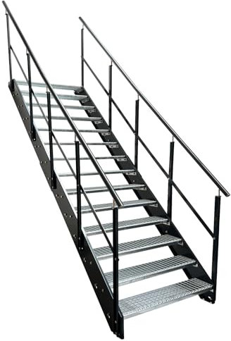 Kaminbau Mierzwa Premium Stahl Treppe mit beidseitigem Geländer/Wangen und Geländer Anthrazit RAL 7016/14 Stufen verzinkt (Breite 1400 mm) (Höhe 266 cm) Wetterfest Gitterroststufe Gartentreppe