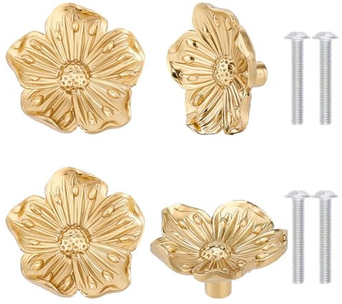 DELORIGIN 4 bouton de Meuble en Laiton en Forme de Fleur Boutons de Tiroir en Or Brossé pour Commodes Poignées de Quincaillerie D'Armoire pour Tiroir Salle de Bain Placard Armoire