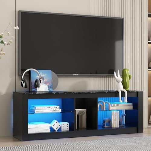 TEOSTWF Meuble TV LED avec étagères en verre ouvertes, centre de divertissement moderne, meuble TV de jeu, console de jeu pour salon, salle de jeux, chambre à coucher