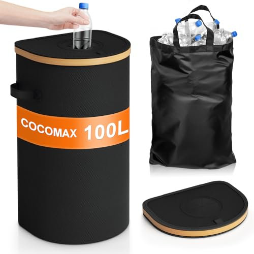 COCOMAX Récipient de Collecte de Bouteilles de Consigne 100L, Stable Collecteur de Bouteilles Consignées avec Couvercle, Grand Collecteur de Bouteilles Pliable pour Cuisine Recyclage des Bouteilles