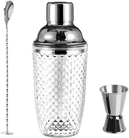 Shaker à cocktail en verre transparent 400 ml argenté avec verre doseur en acier inoxydable et pelle, shaker pour la maison, le bar, le vin, les jus de fruits mélangés