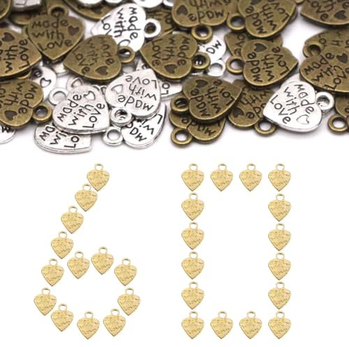 COYUN 60 Stück Made with Love Anhänger Antiquitäten Silberne Herz Charm Anhänger für Basteln Schmuckherstellung Accessoires