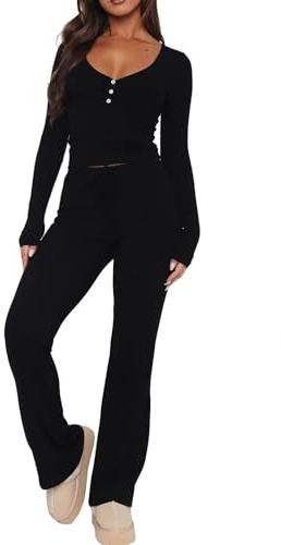 LACOZY 2 Piece Lounge Sets For Women Long Sleeve V Neck PJ Set Ribbed Pajama Set Slim Fit Workout Set Matching Set Black S