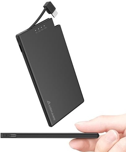 Auskang 5000mAh Power Bank with built-in USB-C Cable, Slim and Lightweight Portable Charger Small External Battery, Compatible with Samsung, Sony, iPhone 15 Series, etc.- Black
