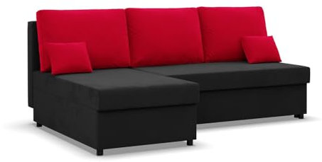 Mebligo Kemi - Ecksofa mit Schlaffunktion, Bettkastem, Komfort und Still, Schaum, schwarz + rot (Mikrofaza 15)