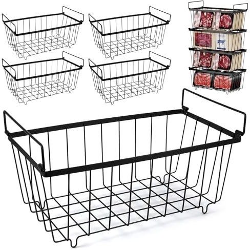 4 Pack Chest Freezer Baskets - Stackable Freezer Organiser for 198L Chest, Storage Basket Pantry with Handles for Kitchen Cabinets Pantry, Sort Frozen Foods and Save Space, Easy to Get Items