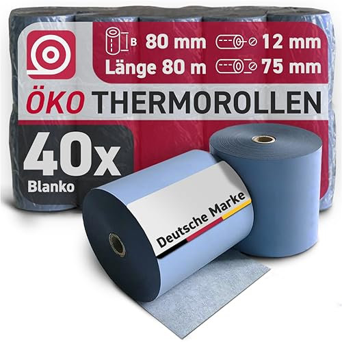 Gebongt24 Blue4est® Öko Thermorolle 80 mm x 80 m x 12 mm - umweltfreundliches Thermopapier 48g/m² - 40 Kassenrollen mit ca. 72 mm Rollendurchmesser – Ökobon für EC-Cash und Kassenbondrucker
