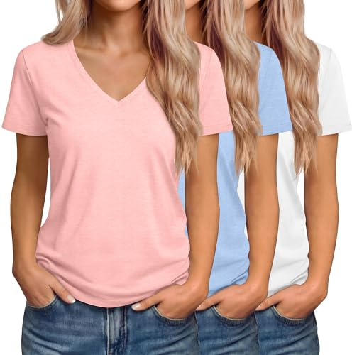 Riyiper Lot de 3 T-Shirts Femme Col V Manches Courtes Été Casual Tendance Coupe Ample Ourlet Droit Basiques
