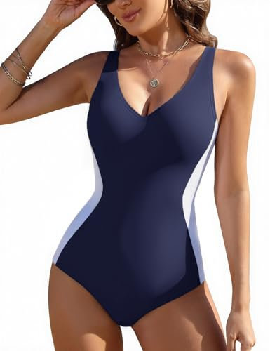 Vijamiy Costume Intero Donna Costumi da Bagno Piscina Curvy Mare Push Up Swimsuit Interi Scollo a V Un Pezzo Sexy Monokini Swimwear (Blu Marino,M)