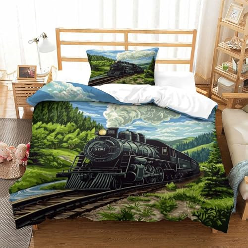 LILIlaobiao Dampf Zug Bettwäsche Kinder Einzelgröße, 135x200cm Choo Choo Bettdeckenbezug, Lokomotive bettwäsche Mit Kissenbezüge: 80 X 80cm