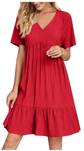 Robe De Plage Femme Ete Col V Manches Courtes Chic Elegant BohèMe Tunique Robe Ample A-Line Mi-Longue Dress Grande Taille DéContractéE Robes Unie Taille Haute Robes Pour Soiree Mariage Ceremonie