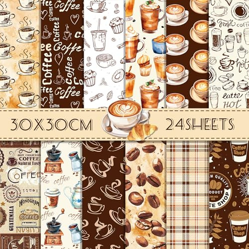 24 Blatt Kaffee Scrapbooking Papier Bastelpapier 12-Typen Doppelseitige Dekorpapier Scrapbook Zubehör für Decoupage Origami Basteln Designpapier DIY Karten Dekoratives Bastelpapier Journaling Zubehör