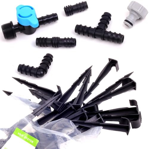 Tropfbewässerung Zubehör Komplett-Set 87-teilig, 50 Bodenanker + 37 Schlauchverbinder Stecksystem für 16mm Tropfrohren, Perlschläuche, PE-Rohre. Verlegung Verbindung im Bewässerungsleitungssystem