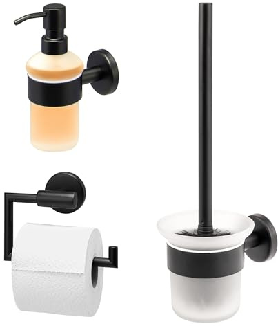 bremermann Bad-Serie Piazza Black - Badezimmer Zubehör-Set 3tlg. bestehend aus 1x Toilettenpapierhalter 1x WC-Garnitur und 1x Seifenspender, Badaccessoires aus Edelstahl schwarz