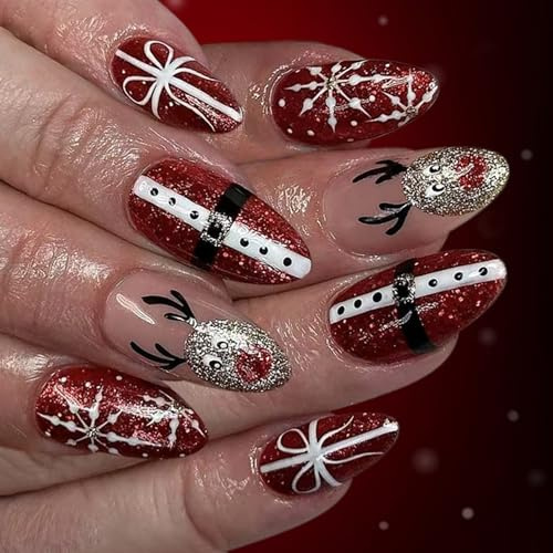 24 unghie natalizie a pressione con Babbo Natale rosso glitter fiocchi di neve renna design ABS unghie finte per feste di festa Babbo Natale premere sul chiodo