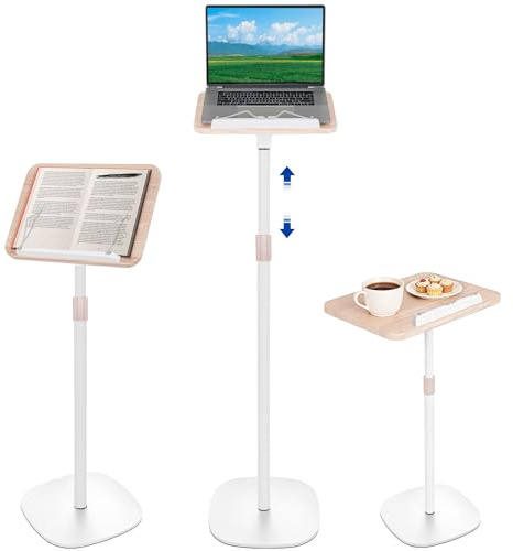 OUUTMEE Support de Lecture en Métal, 26,5 x 39 x 130 CM, Blanc | Réglable en Hauteur de 50-130cm, Pliable, Stable, Bureau Portable Pour Ordinateur Portable, Tablette et Livres