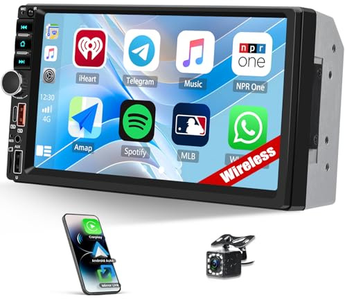 Double Din Wireless CarPlay Android Auto Car Stereo 2 Din Radio with Bluetooth 7 Inch Touch Screen, FM, Video Output, Type-C/USB Fast Charging, USB/AUX/TF Input, SWC Mirror Link Backup Camera