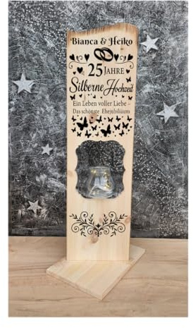 Silberhochzeit Geschenk personalisiert – Holzaufsteller mit Gravur „25 Jahre – EIN Leben voller Liebe“ – mit Namen & Windlicht – 80×20 cm – Ehejubiläum Deko
