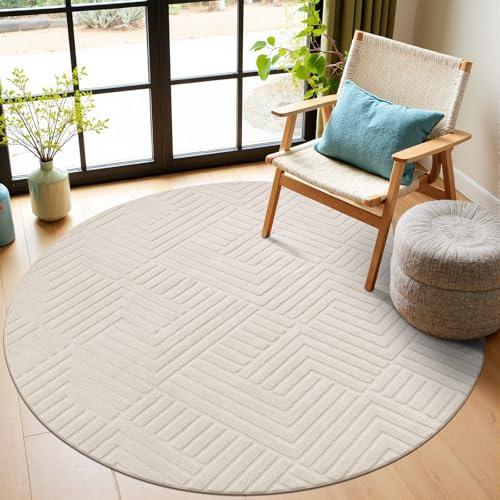 Enyhom Rund Teppich Wohnzimmer 200 cm Creme Kurzflor Waschbarer rutschfest | Runder 3D Effekt Moderner einfarbiges Skandinavisch Teppiche für Schlafzimmer, Küche, Kinderzimmer