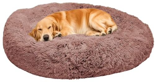 ZHULONGRUSHUI Warming Faux Fur Pet Bed Durable, Cosy & Soft, Fluffy Calming Dog Cuddler Round Nest, Pet Sofa Bed with Non-Slip Base for Indoor Outdoor Use, Washable (Khaki, 130 x 130 x 20 cm (L x B x