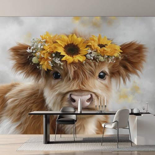 Wall Mural Highland Cow Wallpaper - Cute Rustic Farm Animal Photo Wallpaper for Living Room Bedroom, Non-Woven Brown Yellow Wall Paper Home Decor Art 350x256 cm w6g4