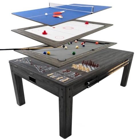 7 in 1 Games & Dining Table 7ft Wood Pool Table Tennis Air Hockey Chess Backgammon Shuffleboard Multi Sports Game Set Indoor Party Entertainment Home Office Adult Kids Accessories Included