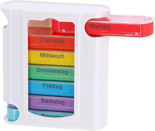 Tablettenbox 7 Tage – 4 Fächer täglich – Pillendose für unterwegs – Medikamentenbox für morgens, mittags, abends, nachts (1, Weiß/Mehrfarbig (Rot, Gelb, Grün, Blau, Lila, Orange, Türkis))