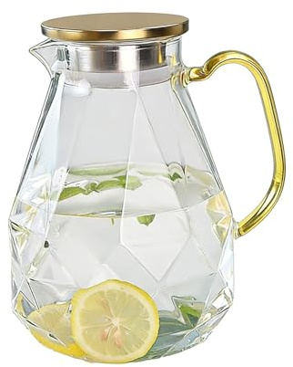 2200ml Large Borosilicate Glass Water Pitcher with Gold Lid Pattern Design Heat Carafe Handle for Hot/Cold Iced Juice and Beverage Serving G Full Cups (Gold, 2200ml)