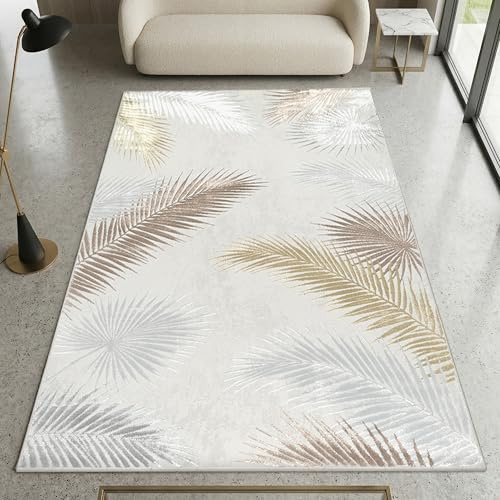 CARPETIA Teppich Palmblattmuster Creme Beige mit Glanzoptik 80x150 cm | Weiche Oberfläche, pflegeleicht und für Fußbodenheizung geeignet, mit Palmblattmuster und dezenter Glanzoptik