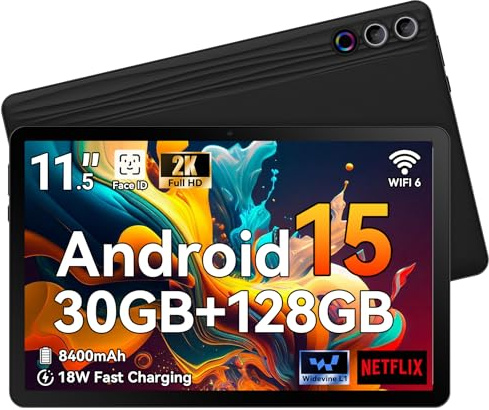 Ainmel 11.5 Inch 2K Android Tablet, 30GB RAM | 128GB ROM 1TB Expandable, Octa-Core Processor, 8400mAh 18W Fast Charge, Widevine L1, WiFi 6 BT 5.3, Gaming Tablet for Study Streaming