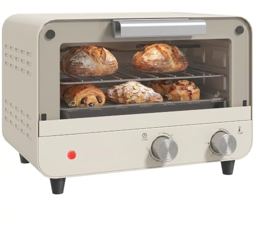 HOMCOM Small Toaster Oven, 12L Multifunction Mini Countertop Oven, Cream | Glass Door, Adjustable Temperature, Timer, Wire Rack & Baking Tray, 750W