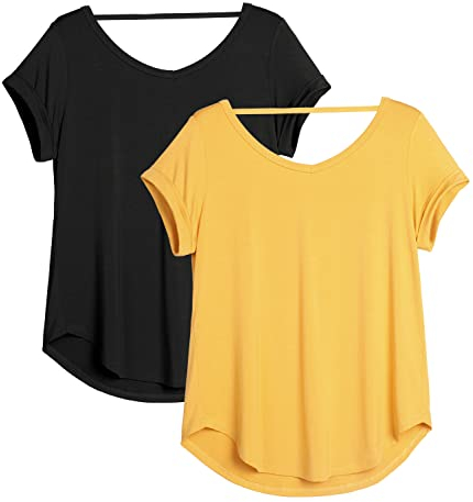 icyzone Damen Rückenfrei Yoga T-Shirt Kurzarm Sport Freizeit Tops Lose V-Ausschnitt Shirt, 2er Pack (XL, Schwarz/Gelb)
