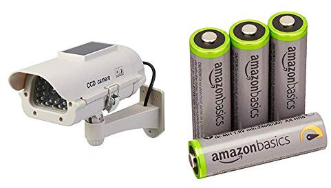 Silverline 614458 Solar-Powered Du mmy CCTV Camera with LED Solar-Powered & Amazon Basics AA High-Capacity Rechargeable Batteries, Pre-charged - Pack of 4 (Appearance may vary)
