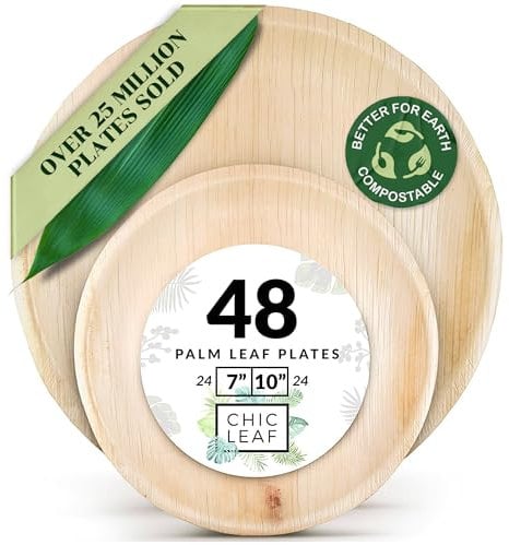 Chic Leaf Round Palm Leaf Plate Set - 48 Pack, 25.4cm & 17.8cm - Party Tableware for Events - Disposable Plates - Lightweight & Portable Picnic & Camping Dishware