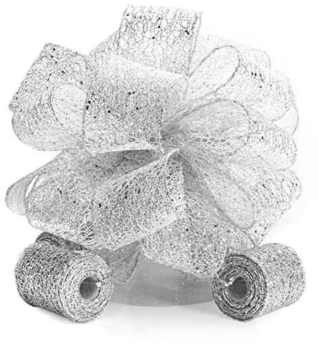 CT CRAFT LLC Weihnachtsbaumspitze, silberfarben, glitzernd, Netzstoff, 27,9 cm, mit 4 Luftschlangen x 2,7 m lang, für den Urlaub, elegante, ausgefallene Heimdekoration für den Innenbereich