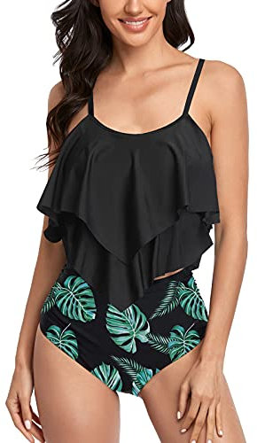FLYILY Maillot de Bain Tankini pour Femme Haut Double à Volants Taille Haute Maillots de Bain 2 pièces Maillots de Bain(2-BlackLeaf,L)
